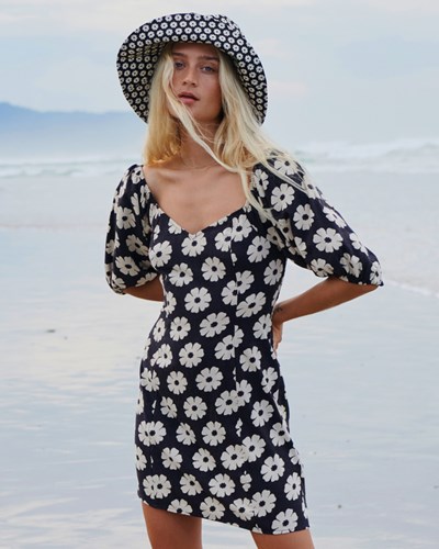 Billabong Paradise Puff-Sleeve Floral Mini Šaty Černé | INJFRV-872