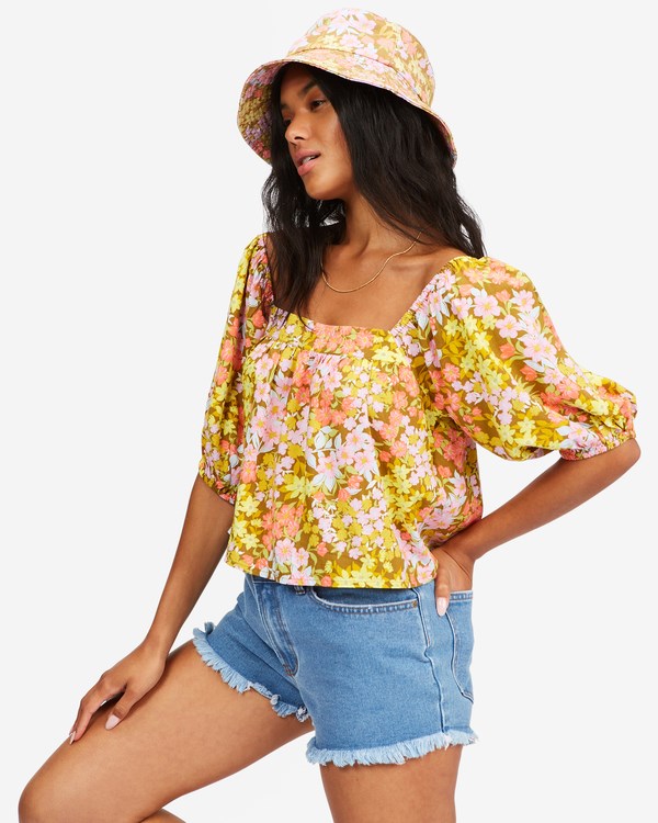 Billabong Beach Daze Puff Sleeve Crop Top Moss | VKTAEL-827
