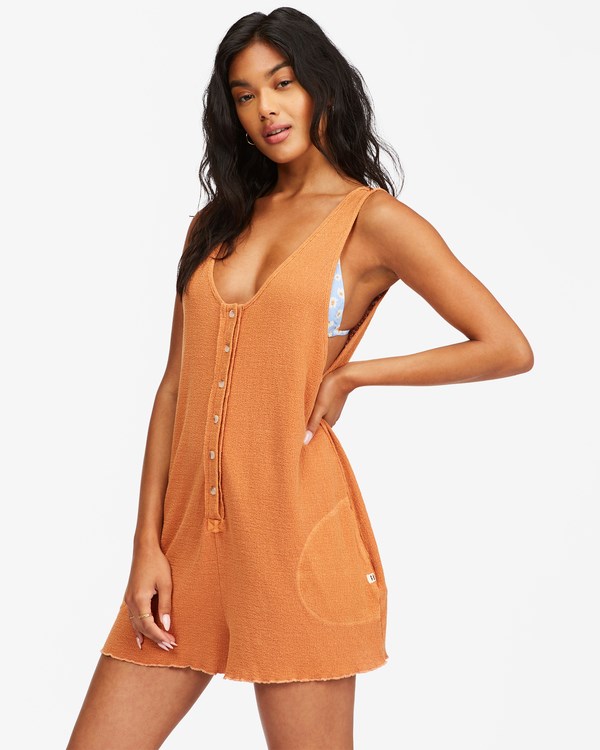 Billabong Fade Away Button-Up Knit Romper Toffee | PHCOJN-120
