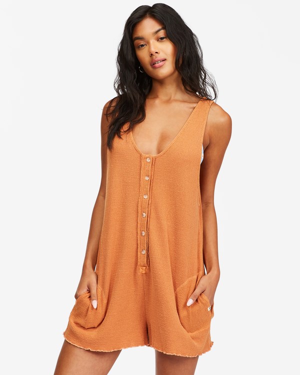 Billabong Fade Away Button-Up Knit Romper Toffee | PHCOJN-120