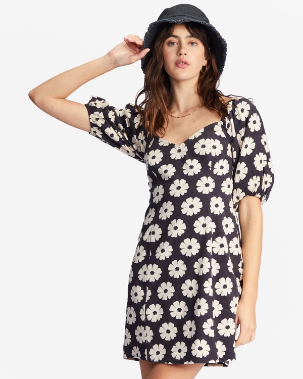 Billabong Paradise Puff-Sleeve Floral Mini Šaty Černé | INJFRV-872