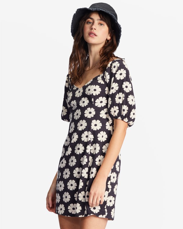 Billabong Paradise Puff-Sleeve Floral Mini Šaty Černé | INJFRV-872